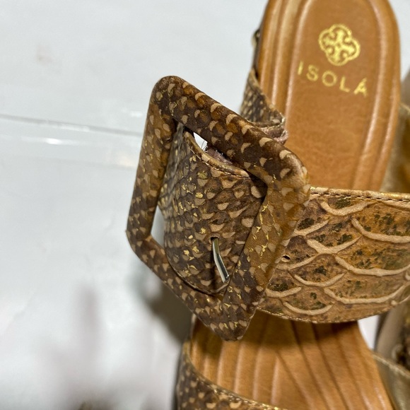 Isola Metallic Shimming  Mandra Snake Print Big Side Buckle Wood Heels Size 6.5 - Picture 9 of 15